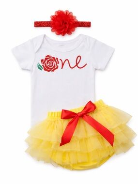 Handmade Red & Yellow Floral "One" Girls Matching Set